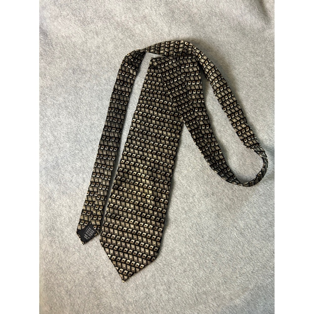 Bergamo New York Silk Tie Mens Gold Black Geometric Pattern Handmade‎ Necktie